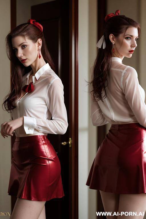 hall of a luxury hotel, very wet, hyperealistic, , undressing, barefoot, red skirt, white opened shirt, red bow in hair, tatooed on both cheeks, large earrings, red velvet necklace - #main