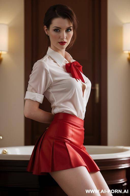 hall of a luxury hotel, hyperealistic, , undressing, barefoot, red skirt, white opened shirt, red bow in hair, tatooed on both cheeks - #main