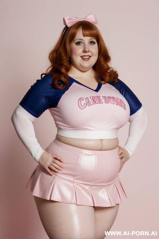 close up half body photo shot, chubby very ((((obese with wide hips)))) redhead fat bbw curvy cheerleader, wearing a sexy and hot micro ruffle leather red skirt, wearing high stockings. (dynamic angle), perfect apple face - #main