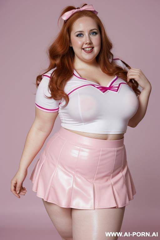 close up half body photo shot, chubby very ((((obese with wide hips)))) redhead fat bbw curvy cheerleader, wearing a sexy and hot micro ruffle leather skirt, wearing high stockings. (dynamic angle), perfect apple face - #main