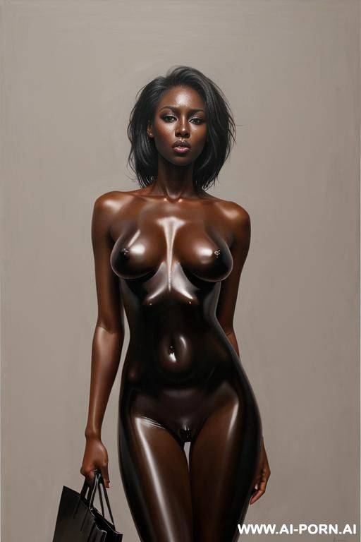 hyperrealism painting: very beautiful sexy orgazm face, totally nude body. black scin..standing full-length view. holding a bag in her hand. art. - #main