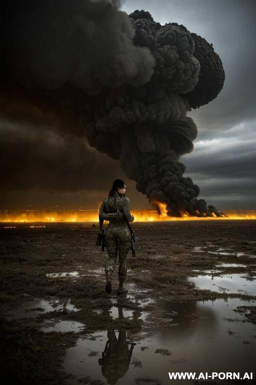at nigth , apocalyptic city , cloudy sky fog battle city , atomic bomb explosions landscape , horizont looking , walking sexy pose , from side , mud-stained body , camouflage thong , - #main