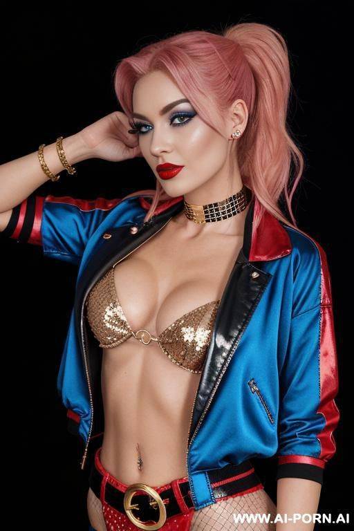 a fair-skinned woman with blonde hair styled in high tails, dyed blue on one side and pink on the other, is the central focus of the image. she has dark eyeliner, red lipstick, and a - #main
