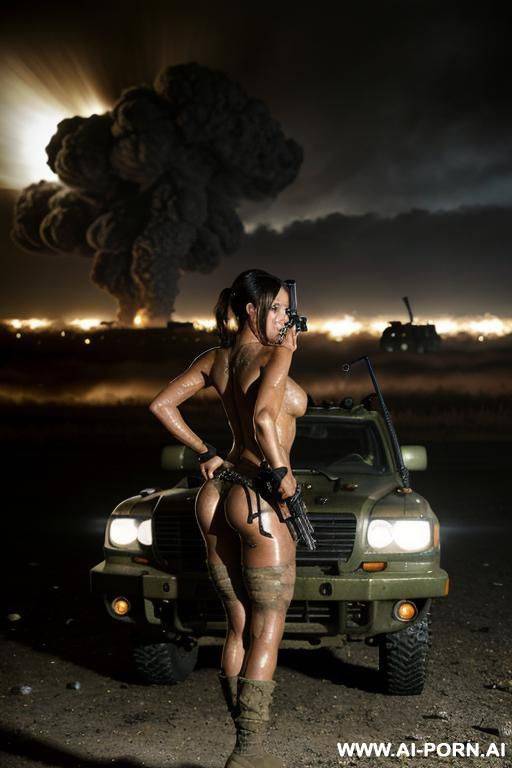 at nigth , apocalyptic city , cloudy sky fog battle city , atomic bomb explosions landscape , horizont looking , running , from side , mud-stained body , camouflage thong , topless huge - #main