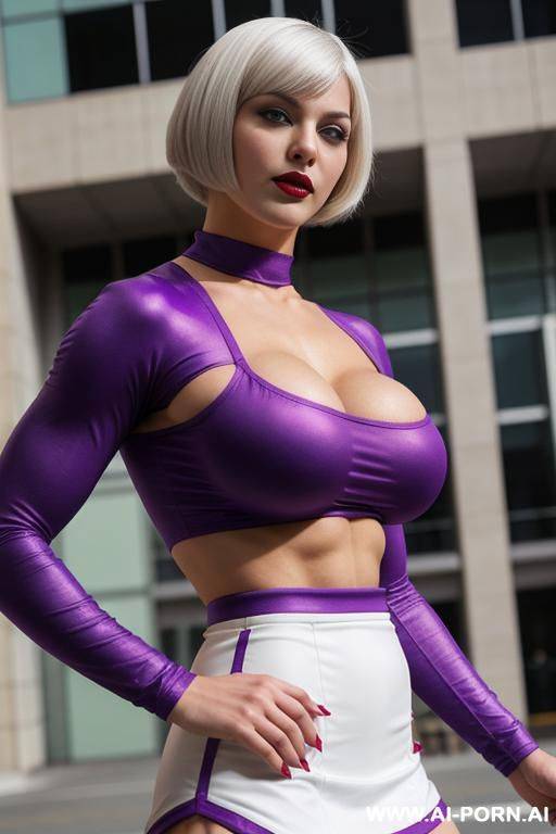 [muscular woman], short white hair, bob cut, red eyes, massive breasts, cheerleader uniform, purple lipstick - #main