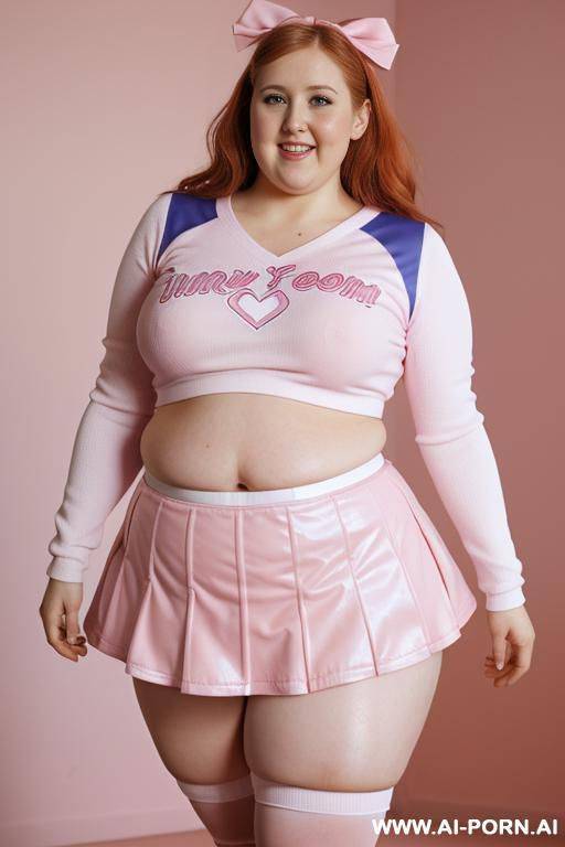 close up full body photo shot, chubby very ((((obese with wide hips)))) redhead fat bbw curvy cheerleader, wearing a sexy and hot micro ruffle leather skirt, wearing high stockings. (dynamic angle), perfect heart face - #main