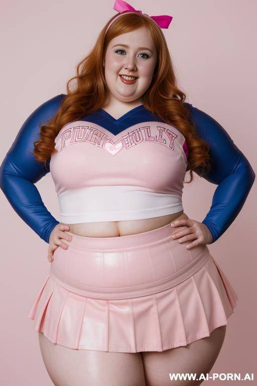 close up half body photo shot, chubby very ((((obese with wide hips)))) redhead fat bbw curvy cheerleader, wearing a sexy and hot micro ruffle leather skirt, wearing high stockings. (dynamic angle), perfect heart face - #main