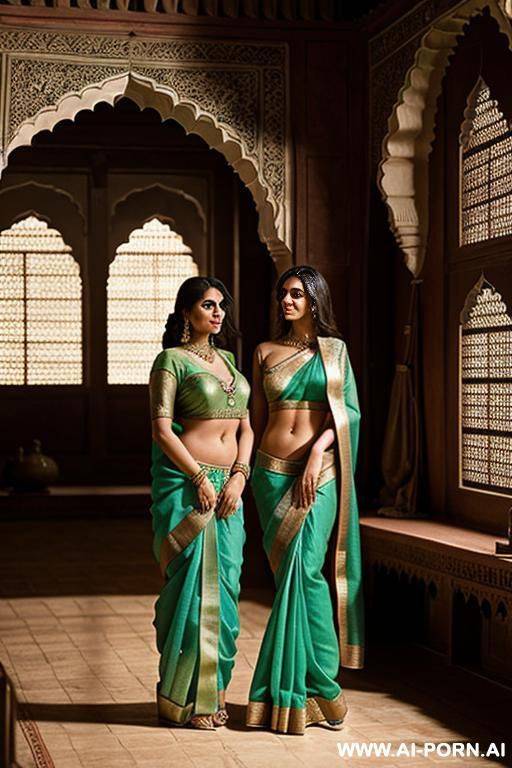 interior of a medieval indian palace with an indian princess in a green saree and her full naked female servant with shaved vagina - #main