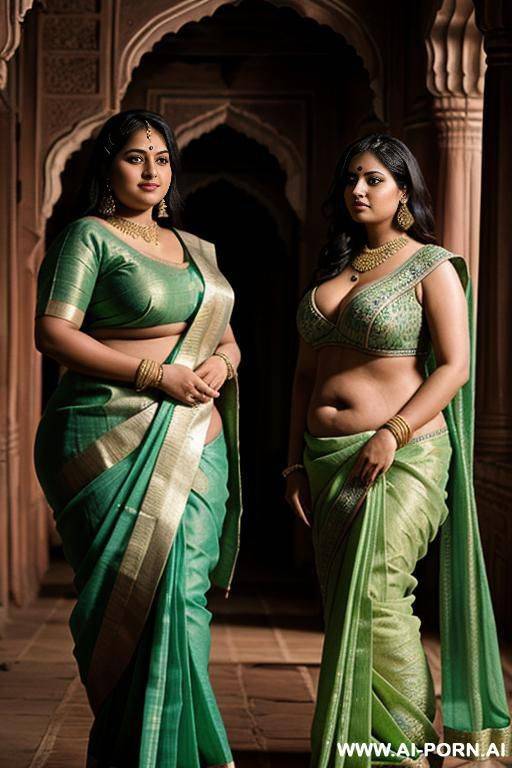 interior of a medieval indian palace with an indian chubby princess in a green saree and her chubby full naked female servant with shaved vagina - #main