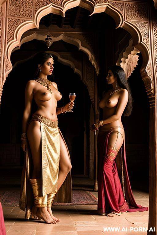 interior of a medieval indian palace with a indian princess and her naked female servant - #main