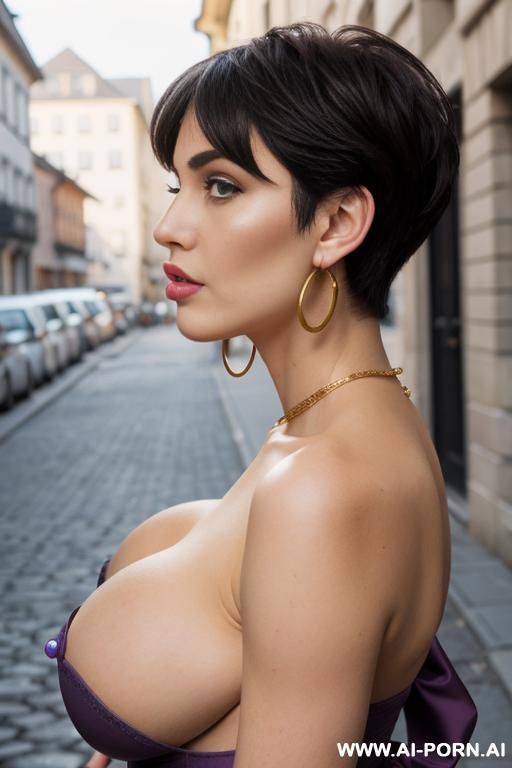 mystical empress, extremely pretty, full lips, button nose, ahegao, hoop earrings, round boobs, tight waist, side view - #main