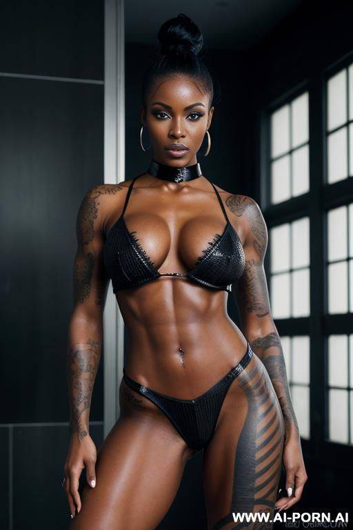 a naked dark-skinned muscular woman with short white hair, sprayed with white liquid in a collar, lies in tears with a lost look in full growth, being watched, black lipstick, toples, the inscription on the face whore, fishnet clothes white - #main