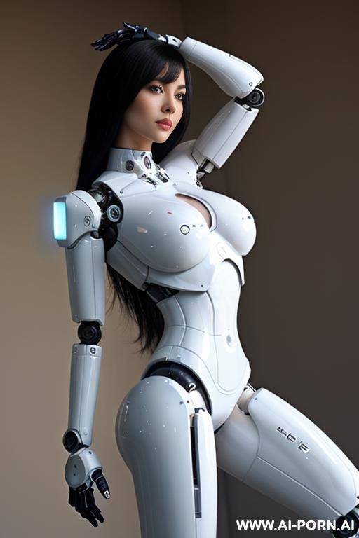 beautiful realistic (( taur-women fully robotic body standing four legs)), detaleid face, skin in latex white and skyblue color, covered to latex, to boots, to beautiful robotic hand hd image quality, ((no background)). - #main