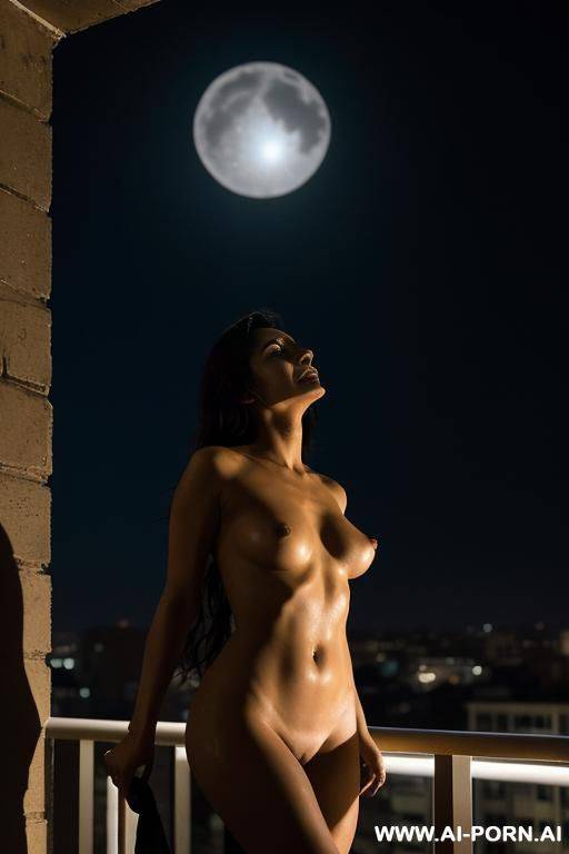 she stands nude on a high-rise balcony, bathed in moonlight, the city pulsing below like a heart. her lover steps behind her, bare skin meeting skin. hands explore with slow hunger, guiding - #main