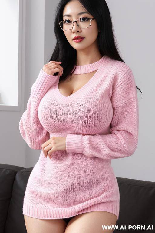 asian glasses, dark black hair, pink sweater woolen sweater and white shirt, big boobs, no panties, pink soft pussy, big ass, thick thighs - #main