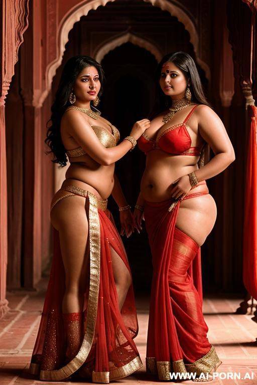 interior of a medieval indian palace with an indian chubby princess in a red saree and her chubby full naked female servant with shaved vagina - #main