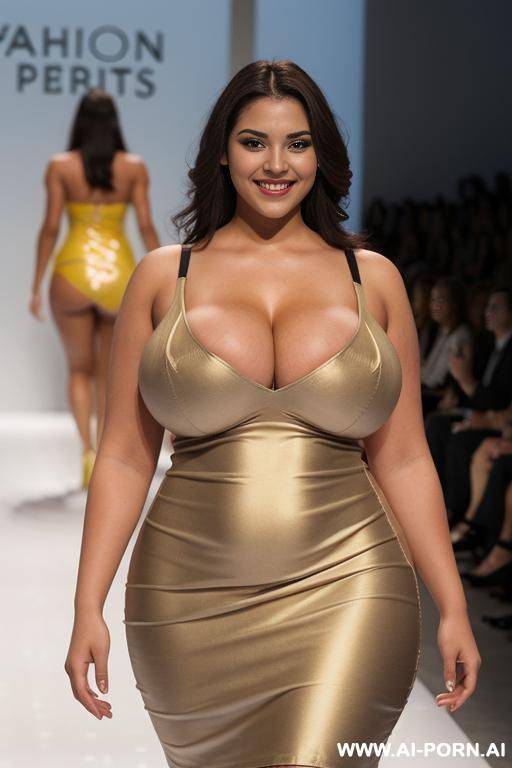 curvy, 20 year old, smiling, (((massive breasts))), walking down a runway at a fashion show - #main