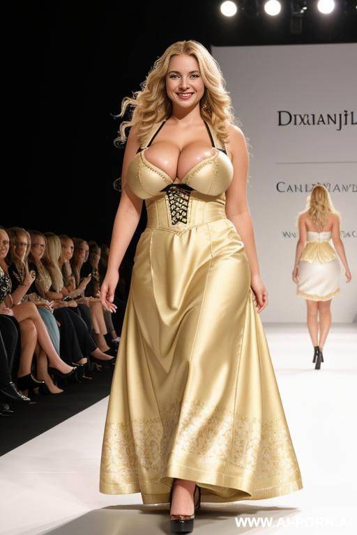 curvy, 20 year old, smiling, (((massive breasts))), long blonde wavy hair, walking down a runway at a fashion show - #main