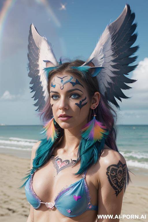 face, sexy, beautiful, ((face painting)), ((bikini as seashell)), ((eyes shw)), ((angel wings)), ((rainbow hair)), ((sexy expression)), ((long bu hair)), ((wind)), (( cat face)), (( cat ears)), - #main