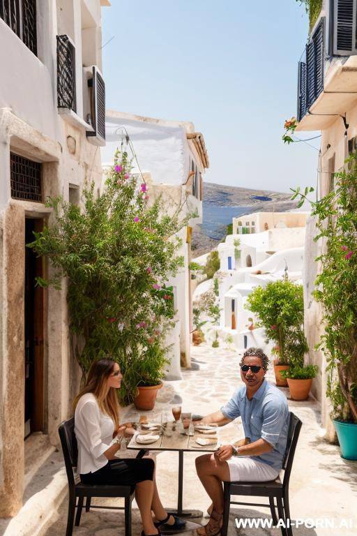 in a outdoor restaurant, normal clothes, in greece - #main