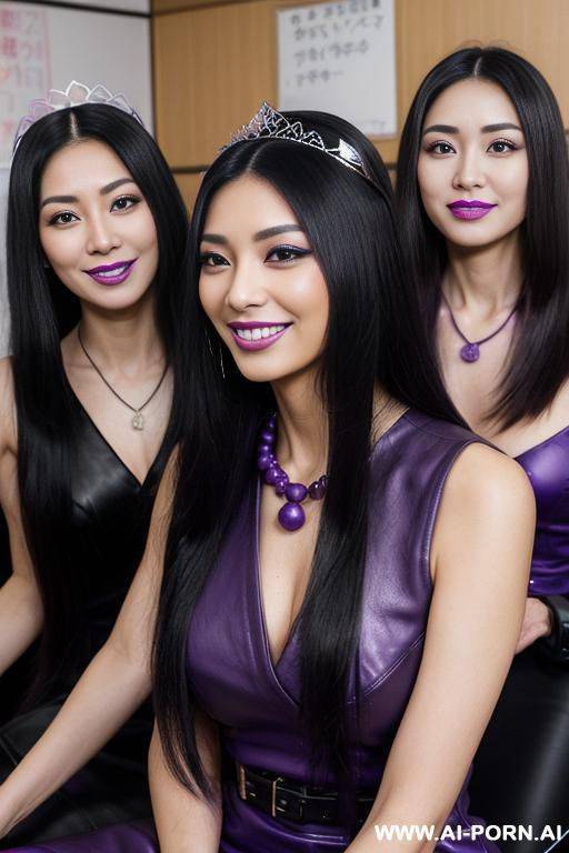 japanese classroom, ultra realistic, gorgeous sexy teacher ( black long straight hair, black eyes, light purple opened a-line dress, purple leather necklace, purple tiara, light purple lipstick, joyful - #main
