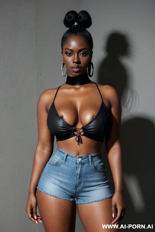 black cow she is wearing a short sleeved blouse it is tied up below her exposed breasts. she is wearing short denim shorts with the button undone. full body portrait - #main