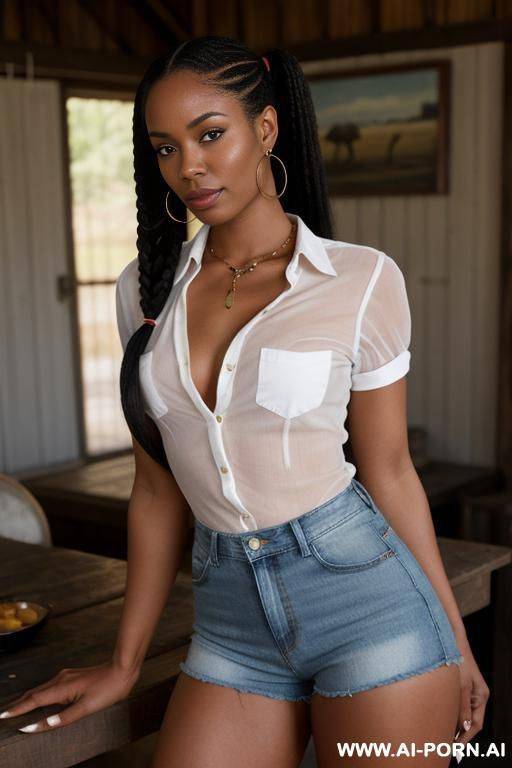 african -american ranch-hand she is wearing a short sleeved blouse it is tied up below her exposed breasts. her breast are out of the shirt. she is wearing short denim shorts with the button undone. full body portrait - #main