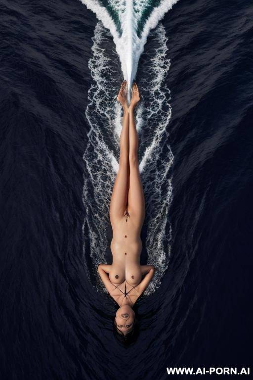 dark chocolate colored water, naked female in the middle of the ocean, view from above - #main