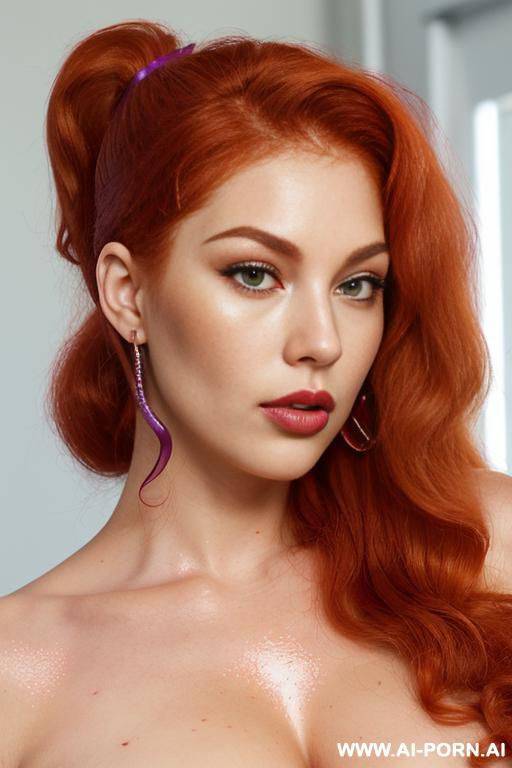 2 women, (swedish british korean american irish french trait), (ponytail fluffy curly long haircut trait), (vivid red ruby red golden ginger hair color fusion trait), (captivating sparkling green - #main
