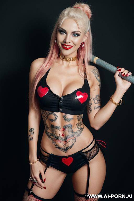 a photorealistic image of a fit and beautiful, she had a determined look on her face, big smile, wide hips. a fair-skinned woman with blonde hair styled in high tails, dyed blue on one - #main