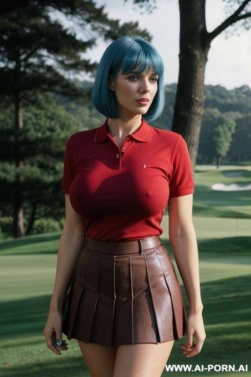 tall busty , medium hair, gorgeous face, thick lips, massive boobs, standing up, (walking in a golf course), (wearing a red colored polo shirt ) (wearing a short pleated skirt) (realistic colored clothes) (overcast day) - #main