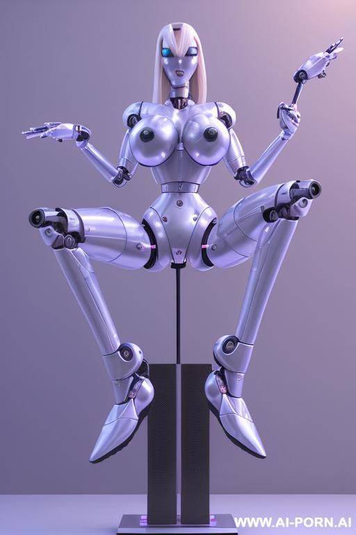 damaged robot, front view, full body view, leaning back against wall, looking at viewer, angry face, open mouth, shouting, beautiful, long straight blonde hair, big lips, wide jaw, heavy makeup, - #main