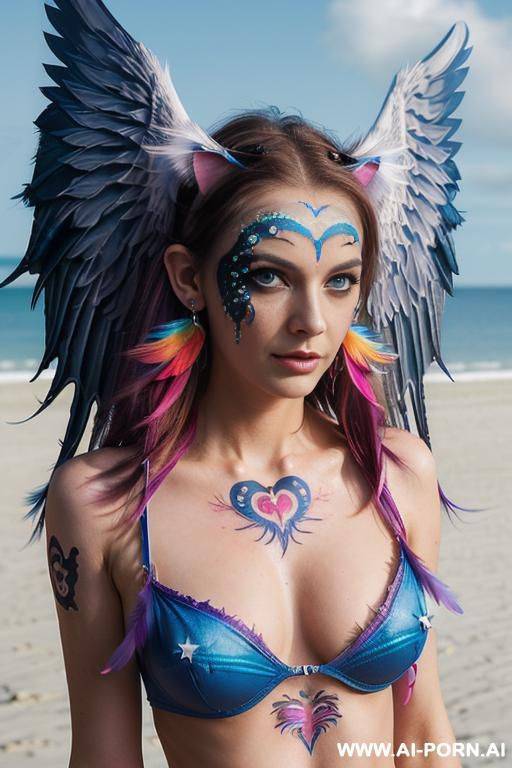 face, sexy, beautiful, ((face painting)), ((bikini as seashell)), ((eyes shw)), ((angel wings)), ((rainbow hair)), ((sexy expression)), ((long bu hair)), ((wind)), (( cat face)), (( cat ears)), - #main