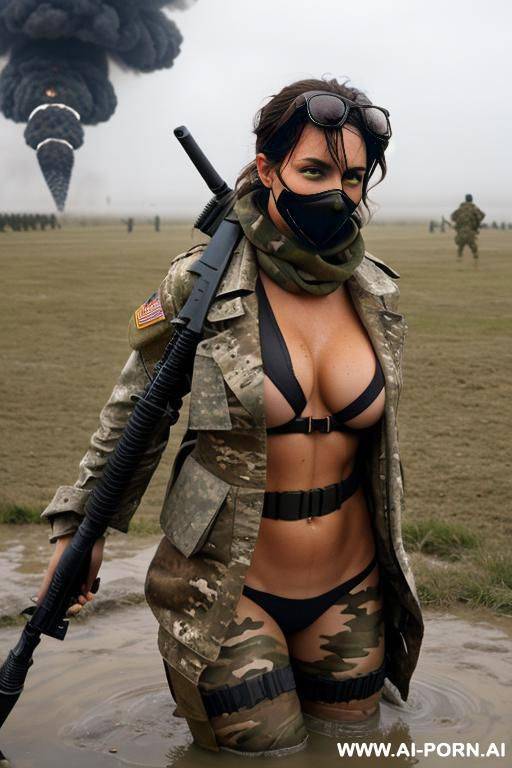 cloudy sky fog in the trench of a battlefield , bombs explosions landscape , keep same face , horizont looking , knee sexy pose , mud-stained body , camouflage thong , topless huge tits , - #main