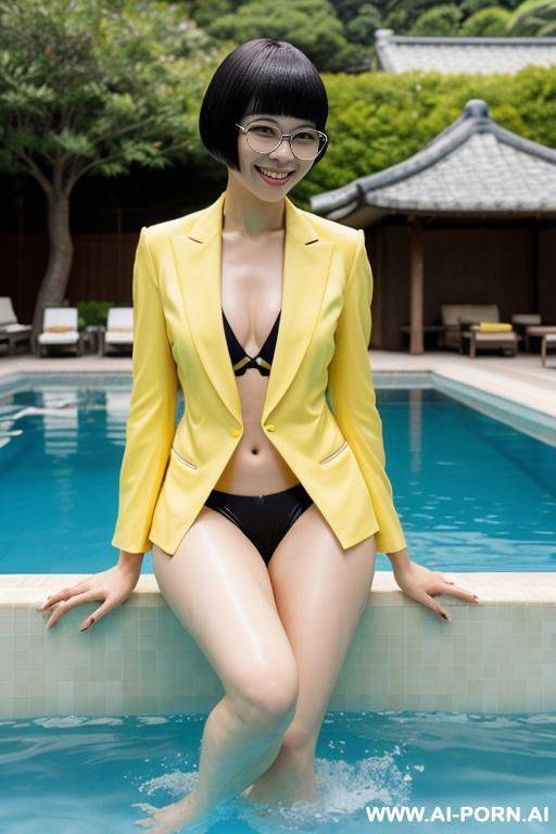 luxury swimming pool, one japanese woman (yellow suit, black glasses, seductive smile) - #main