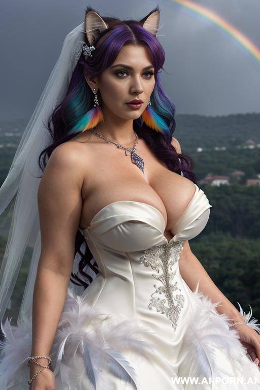 face, sexy, beautiful, ((eyes shw)), ((angel wings)), ((rainbow hair)), ((sexy expression)), ((long bu hair)), ((wind)), (( cat face)), (( cat ears)), (((feather earrings), neckless, full view, very - #main