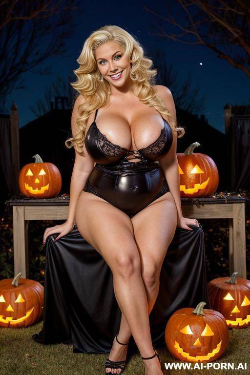 milf neighbor, enormous gigantic oversized heavy round boobs, happy confident friendly inviting seductive smirk, full body view, wearing costume, halloween night, in backyard, halloween theme background, - #main