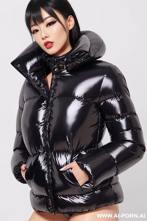an asian beautiful woman wearing shiny black high-collar puffy down jacket. a rope is tightly around her jacket collar. - #main