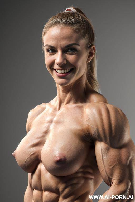 ((most muscular color photo of a nude beautiful white strong buff sinewy bodybuilder ifbb woman)), nude, whole body, ((big bright sexy eyes)), ponytail, (stronger massive shoulders), strong body, - #main
