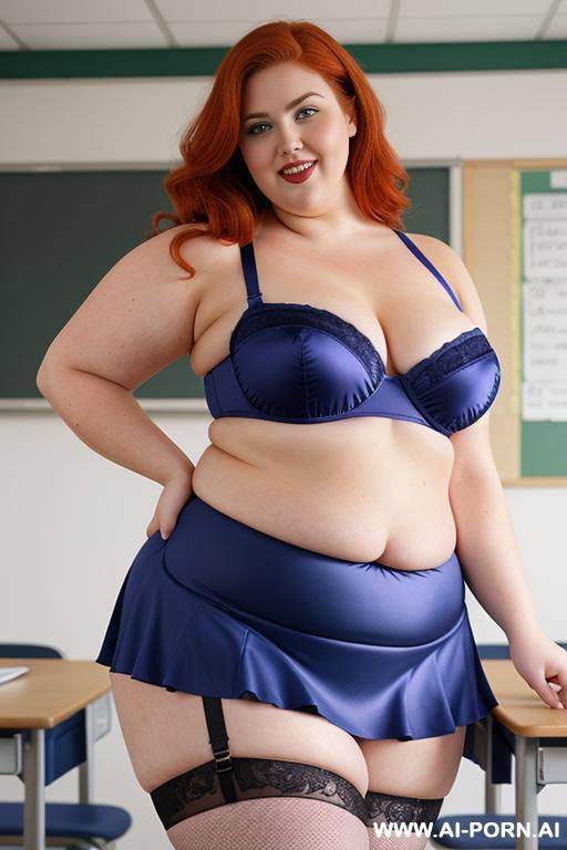 half body photo shot close up, about at classroom, chubby ((obese but so hot)) redhead fat bbw curvy teacher, wearing a sexy and hot micro colorfull ruffle skirt, and stocking lingeries, sports top. teaching to the classroom. ((dynamic angle)) - #main