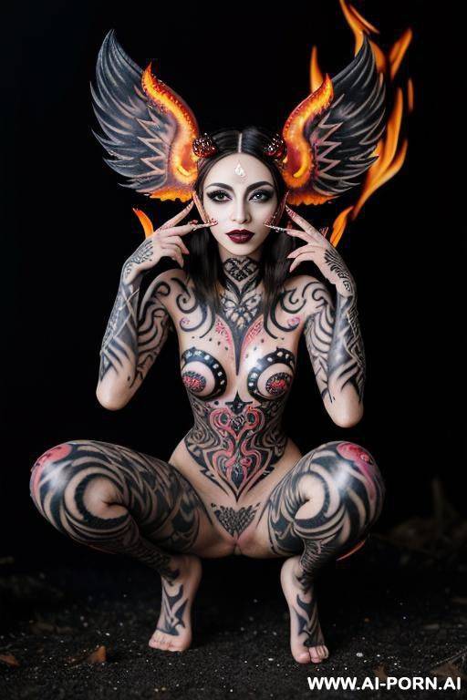 extremely tall supermodel cutie, slender, skiny, completely naked, super long legs, ((very long hair)), goddess of fire, ((whole body covered in fire)), he’ll, epic, fantasy wings, unusual skin - #main