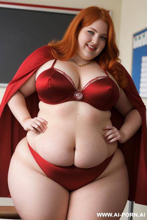 close up half body photo shot, about at classroom, chubby very ((obese)) redhead fat bbw curvy teacher, wearing a sexy and hot and sexy heroine red and gold suit with cape, teaching to the classroom. - #main