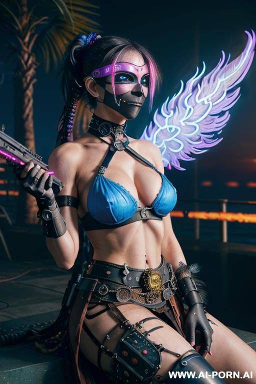 ((((masterpiece)))), (((woman sitting))), (glowing red eyes), (long blue purple and white hair with a flower), ((crop top white collar shirt with red tie)), ((((flaming angel wing)))), ((navy formal - #main
