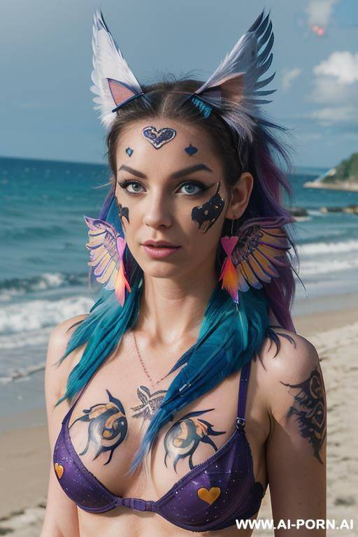 face, sexy, beautiful, ((face painting)), ((bikini as seashell)), ((eyes shw)), ((angel wings)), ((rainbow hair)), ((sexy expression)), ((long bu hair)), ((wind)), (( cat face)), (( cat ears)), - #main