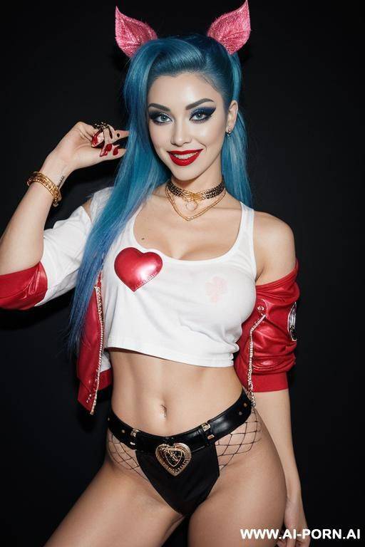 a photorealistic image of a fit and beautiful, she had a determined look on her face, big smile, wide hips. a fair-skinned woman with blonde hair styled in high tails, dyed blue on one - #main