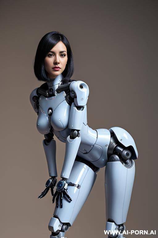 beautiful realistic (( taur-women fully robotic body standing four legs)), detaleid face, skin in latex white and skyblue color, covered to latex, to boots, to beautiful robotic hand hd image quality, ((no background)). - #main