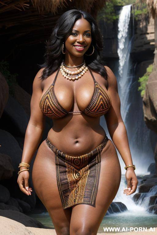 african ebony, desert,( tribal wear) strong, proud, bold, (eye contact), (natural muscle), voluptuous, ((waterfall)), (dominant pose), (strong), (traditional african clothes), (((seductive smile))), ((walking away)) - #main