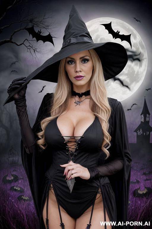 babe pornstar milf, long wavey blonde hair, full body view, ((keep face)) ((keep body)), halloween night, in backyard, halloween theme background, - #main