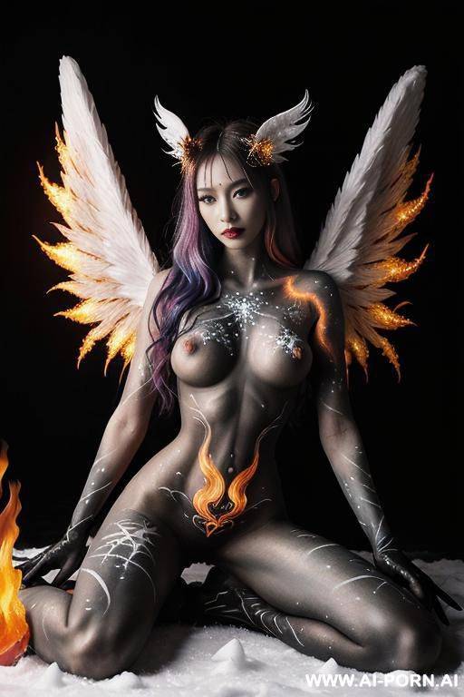 (((goddess of fire))), fire angel, controlling the fire around her, fire wings, tall slender supermodel cutie, different colours of fire around her, covered in colourful fire tattoos and body - #main