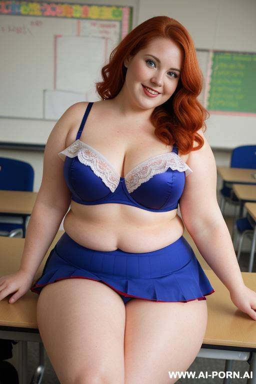 half body photo shot close up, about at classroom, chubby ((obese but so hot)) redhead fat bbw curvy teacher, wearing a sexy and hot micro colorfull ruffle skirt, and stocking lingeries, sports top. teaching to the classroom. ((dynamic angle)) - #main